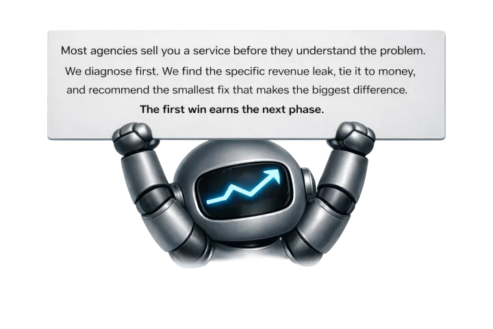 ScaleOS robot holding a sign: diagnose first, recommend the smallest fix